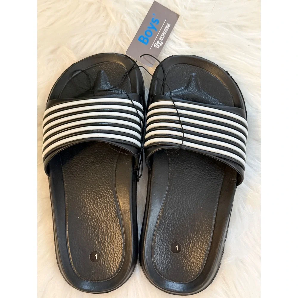 GT Revolution Boys Black White Striped Slide Sandals Size 1 Rubber Slip On Shoes
